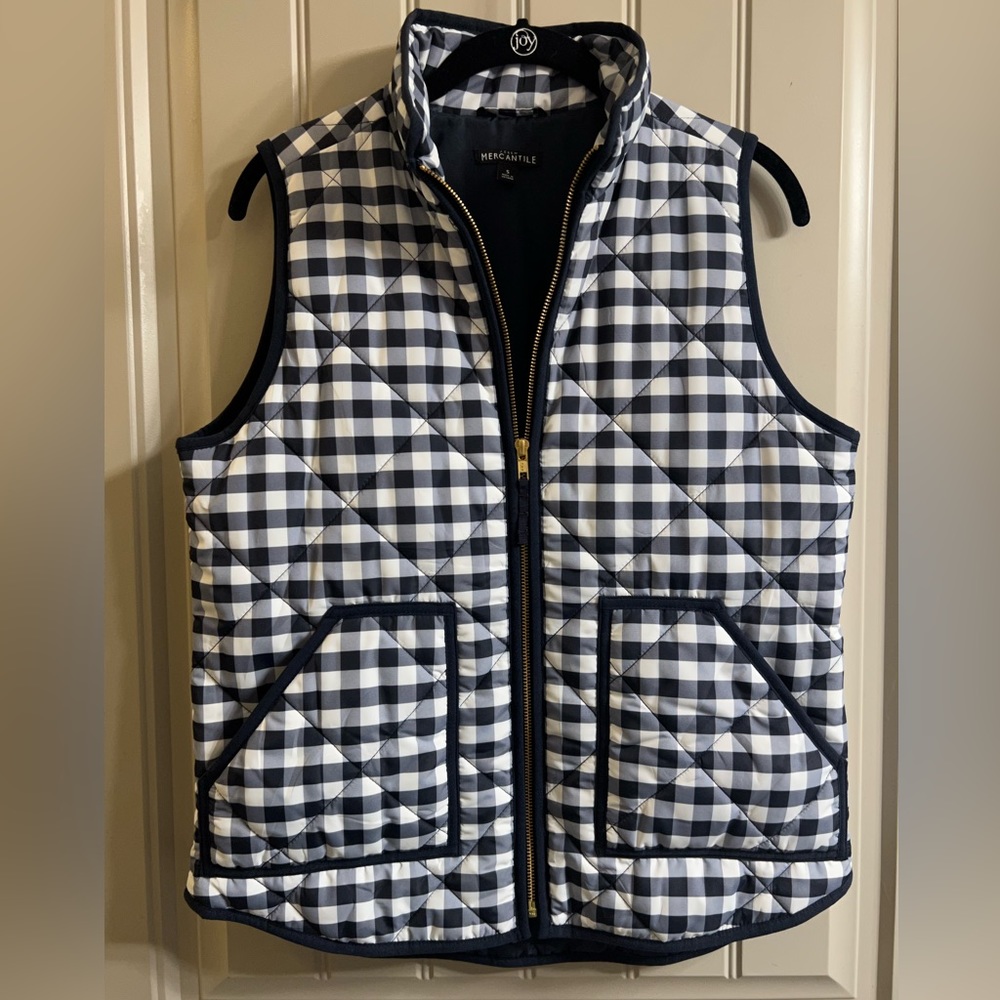 J. Crew navy and white plaid checkered puffer quilted vest